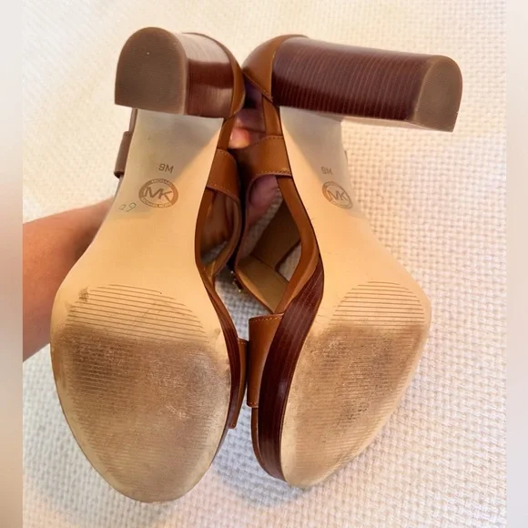 MICHAEL KORS Berkley Tan Leather Block Heel Sandals Platform Heels Shoes - Picture 13 of 15
